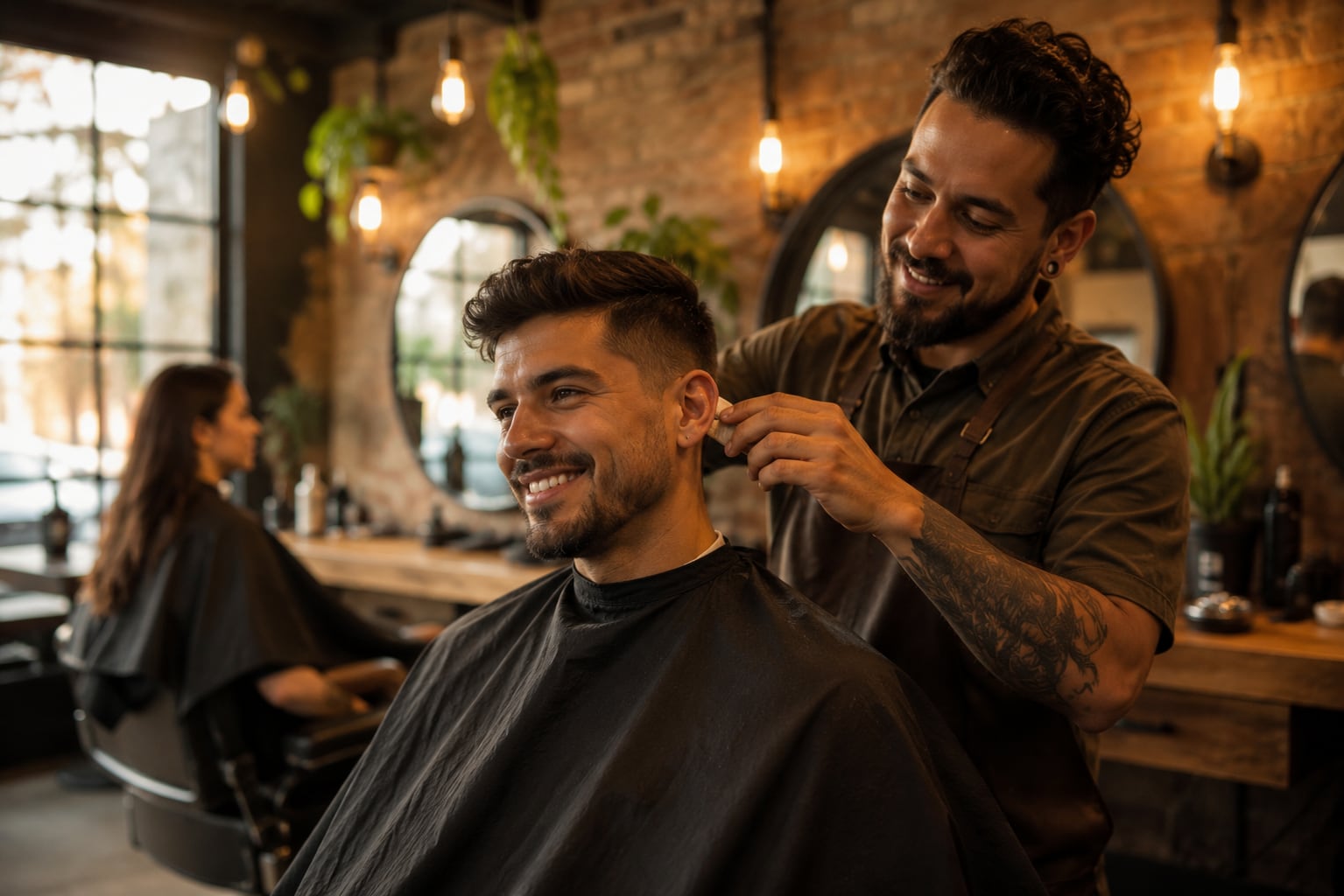 Colaborador relaxado em atendimento na barbearia