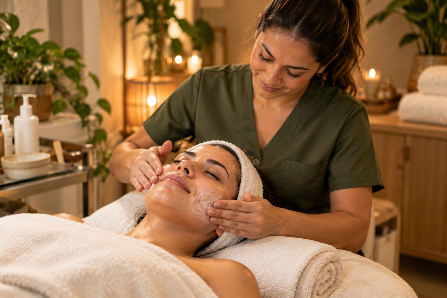 Esteticista aplicando um tratamento facial